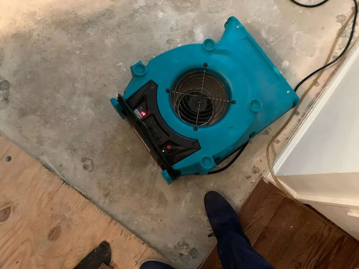 Air mover drying subfloor during Commercial Water Damage Restoration in Carl Junction